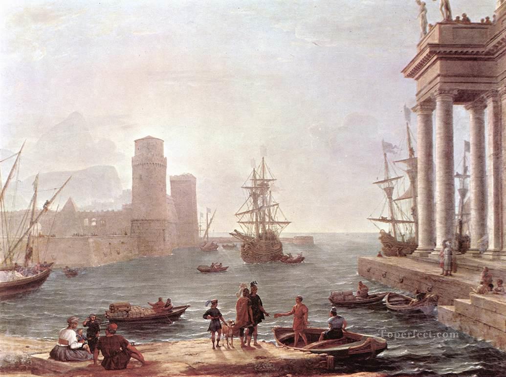 Escena portuaria con la salida de Ulises del país de los Feaci paisaje Playa Claude Lorrain Pintura al óleo